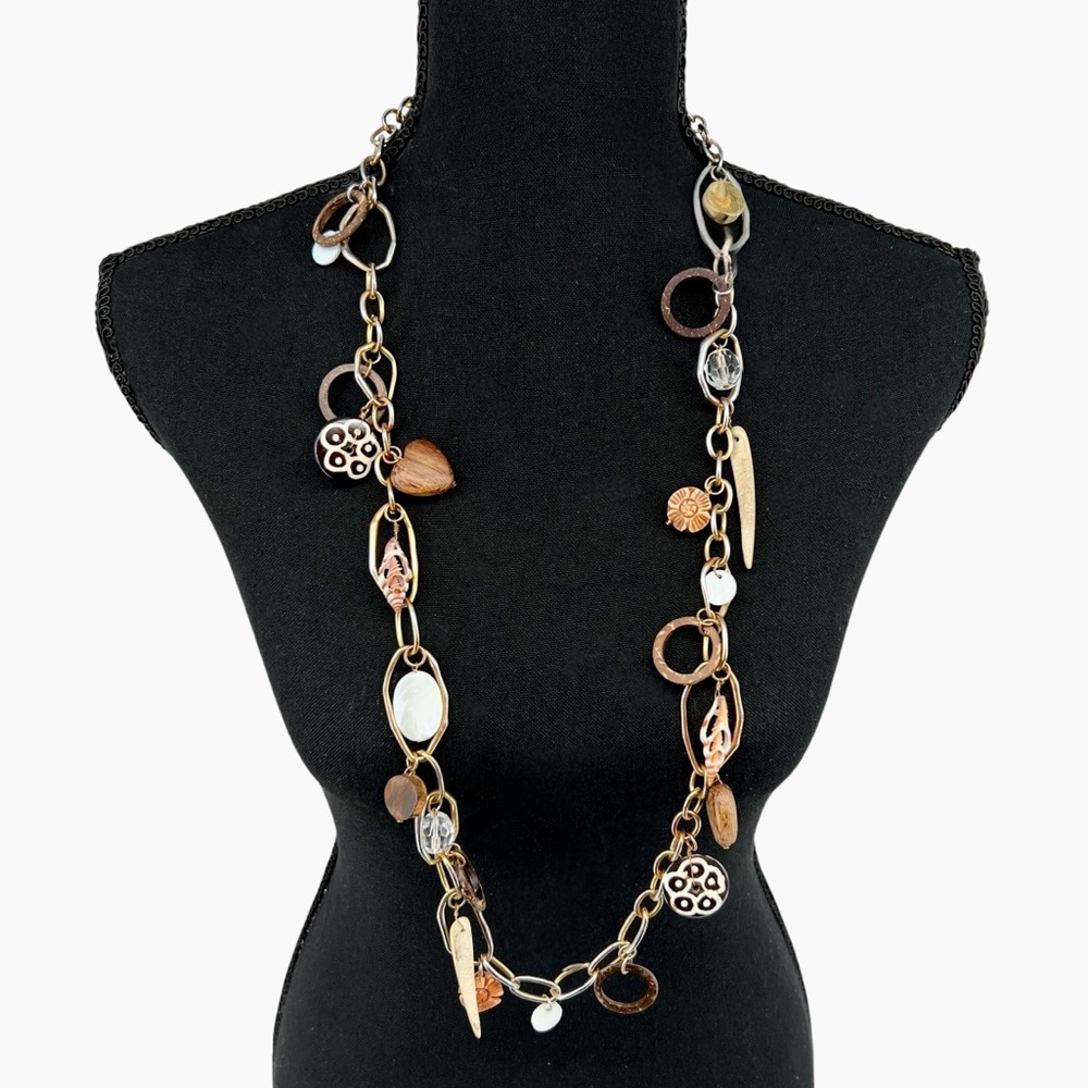 Vtg RJ Graziano Beachy Chain Link Charm Necklace Natural Worn Gold Plated Tribal